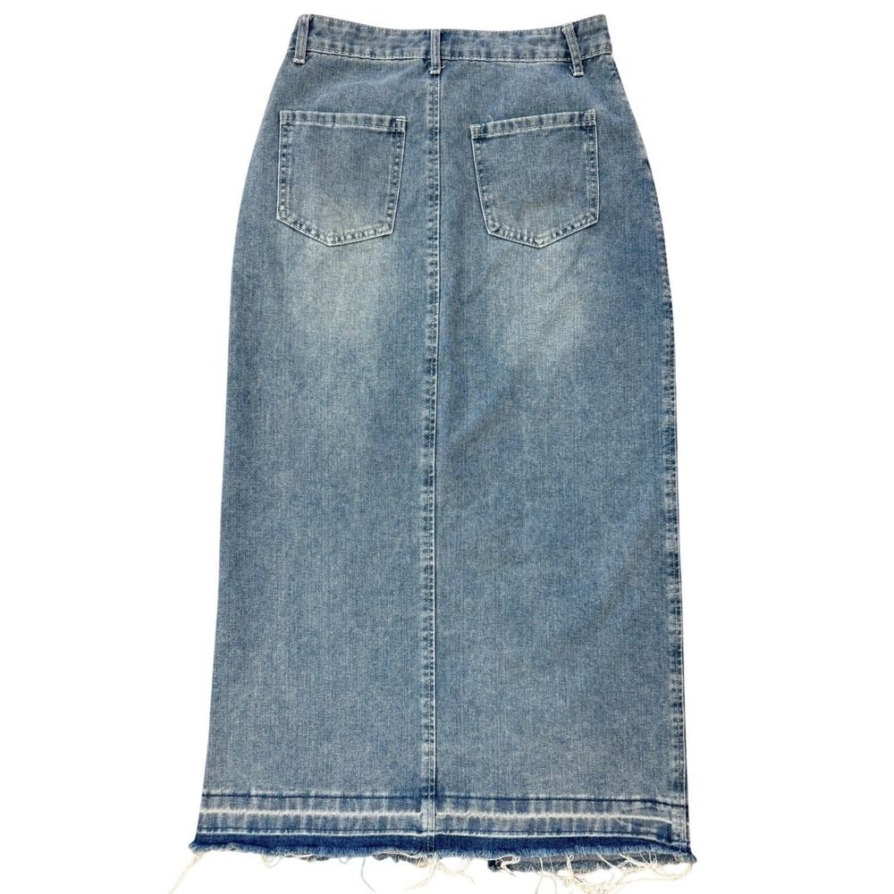 HappilyGrey High RiseDenim Maxi Skirt Medium Wash Front Slit Frayed HemSize 1/24 - Picture 11 of 15